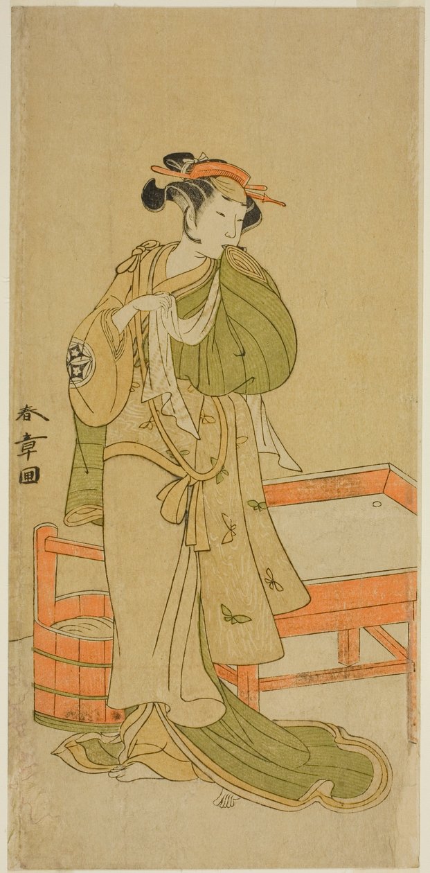 Näyttelijä Yamashita Kinsaku II Moshiona näytelmässä Izu-goyomi Shibai no Ganjitsu, esitettiin Morita-teatterissa yhdestoista kuukaudessa, 1772 tekijältä Katsukawa Shunsho