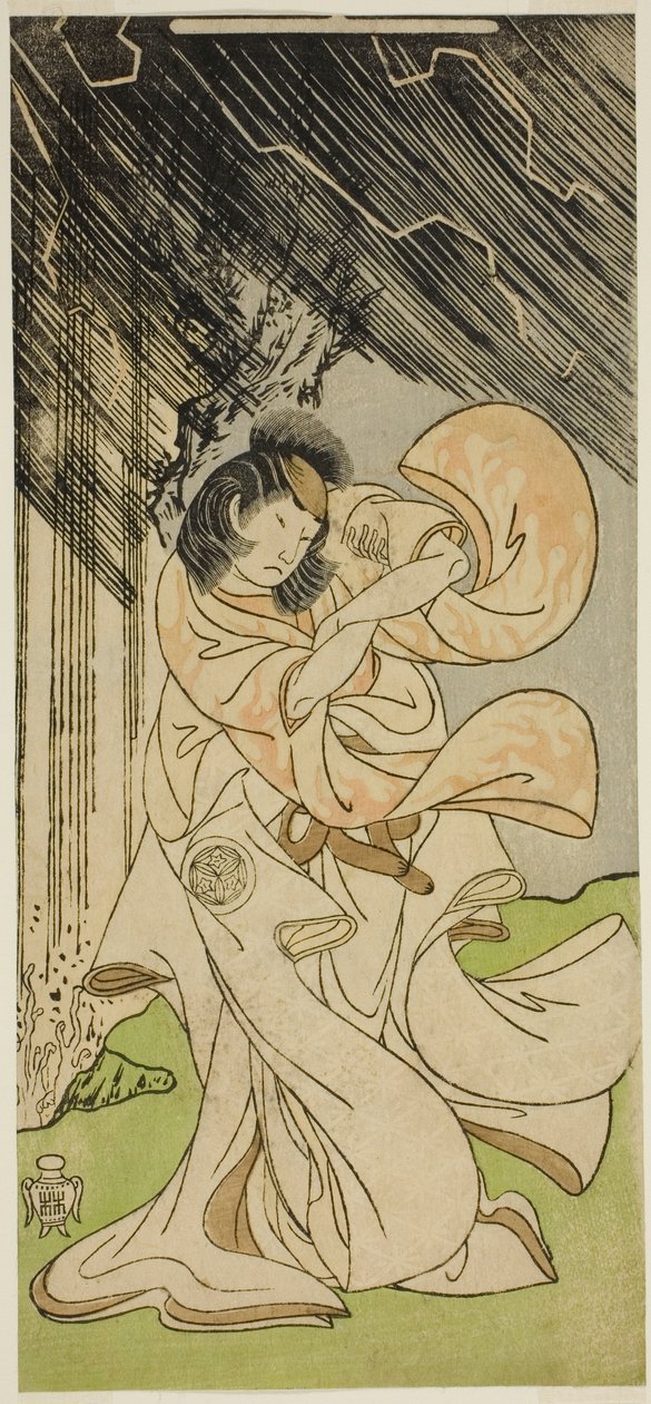 Näyttelijä Yamashita Kinsaku II ukkonenjumalattarena näytelmässä Onna Narukami, esitettiin Morita-teatterissa ensimmäisenä kuukautena, 1770 tekijältä Katsukawa Shunsho