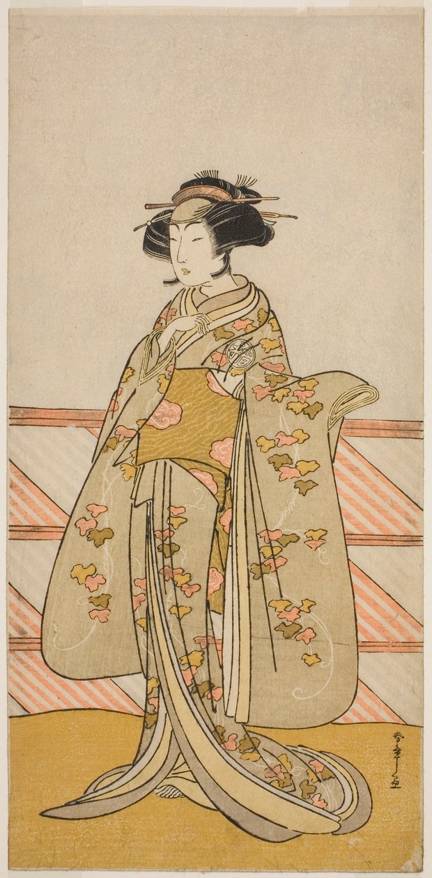 Näyttelijä Yoshizawa Iroha I Tamamo no Maen (?) roolissa näytelmässä Sakuya Kono Hana no Kaomise (?), joka esitettiin Nakamura-teatterissa (?) yhdestoista kuukaudessa, 1776 (?) tekijältä Katsukawa Shunsho