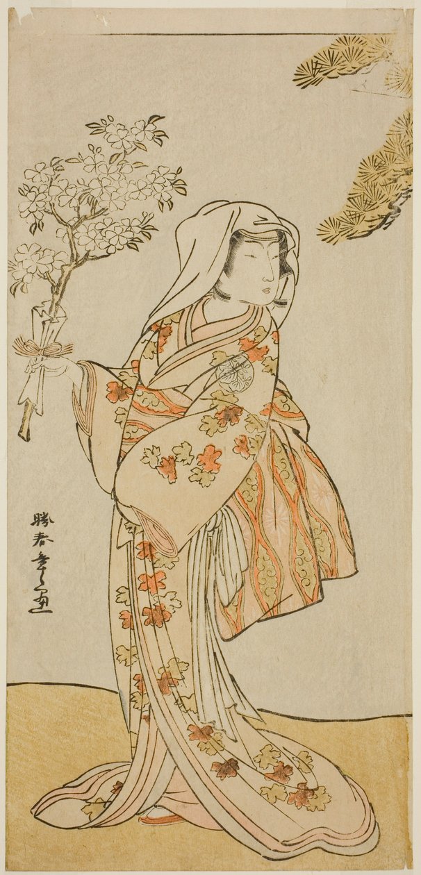 tee ac and r Yoshizawa Sakinosuke Good As Naniwazu -jäsen te Pay Kukkien ja lumen musta mestari kuvassa, perfor med at te Ichimura tee jäsen te Eventh Gate th, 1776 tekijältä Katsukawa Shunsho