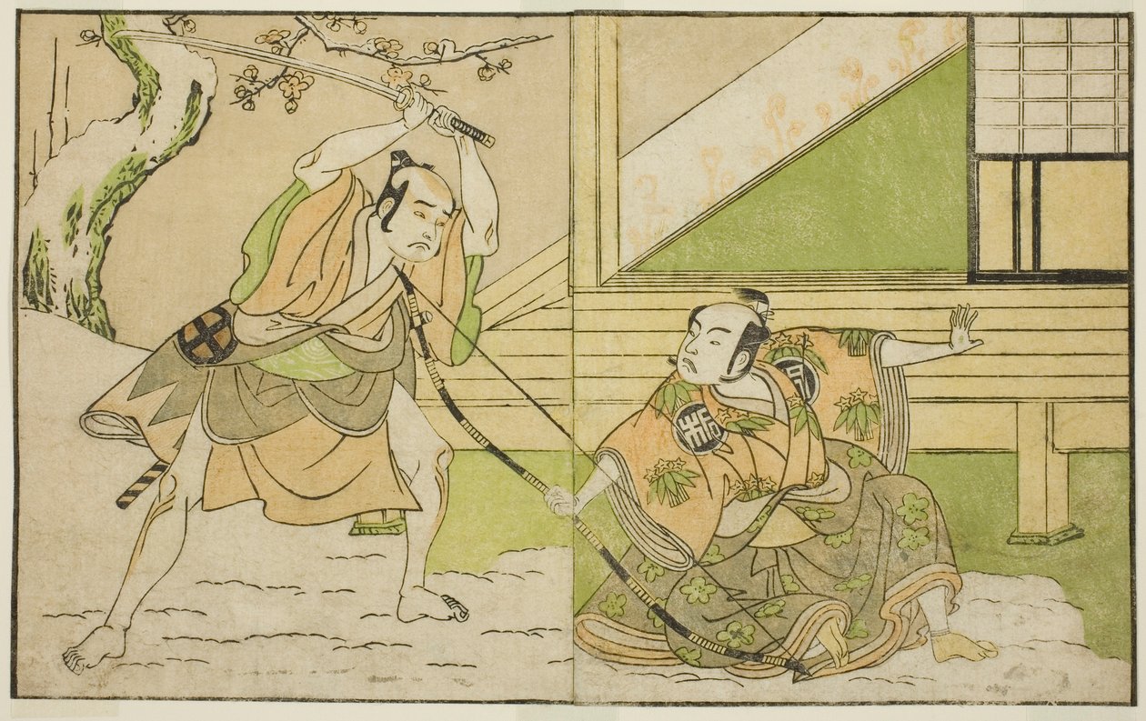 Näyttelijät Arashi Sangoro II Hojo Tokiyorina (oikealla) ja Otani Hiroji III Koga Saburona (vasemmalla), näytelmässä Kono Hana Yotsugi no Hachi no Ki, esitettiin Ichimura-teatterissa yhdestoista kuukaudessa, 1771 tekijältä Katsukawa Shunsho