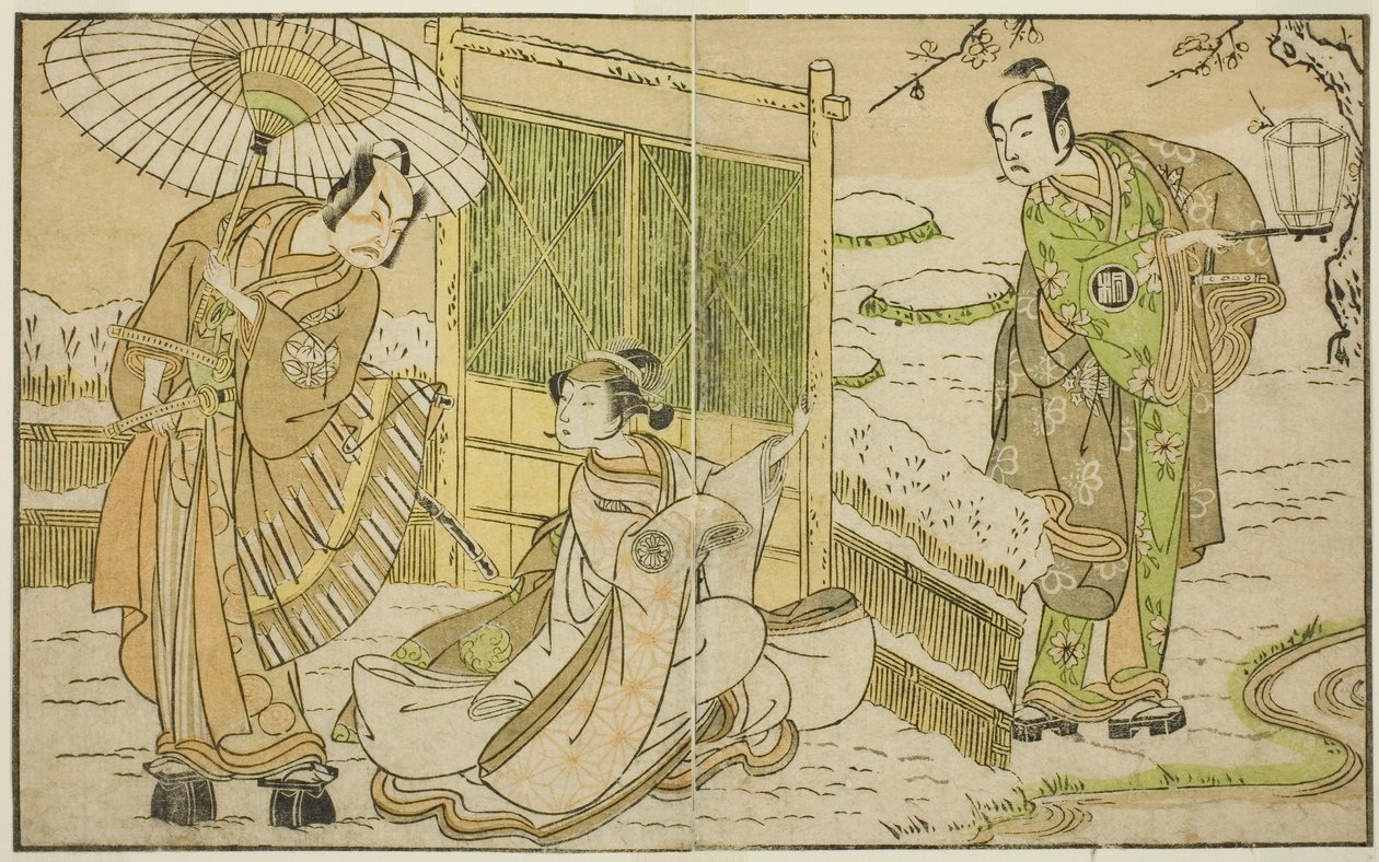 Näyttelijät Arashi Sangoro II Minamoto no Yoritomona (oikealla), Segawa Kikunojo II Yuki Onna (keskellä) ja Ichimura Uzaemon IX Kajiwara Genta no Kagetokina näytelmässä Myoto-giku Izu no Kisewata, esitettiin Ichimura-teatterissa Yhdestoista kuukausi, tekijältä Katsukawa Shunsho