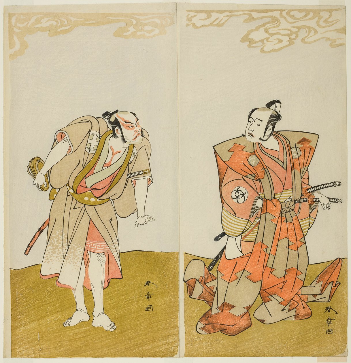 Näyttelijät Bando Mitsugoro I Hata no Kawakatsuna (oikealla) ja Otani Hiroemon III palvelijana (Yakko) Gansuke (vasemmalla), näytelmässä Miya-bashira Iwao no Butai (pyhäkköpilarit kivijalalla), esitettiin Moritassa. Teatteri 15. päivästä t tekijältä Katsukawa Shunsho