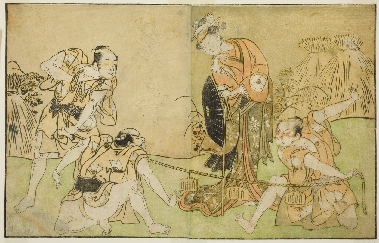 Näyttelijät Bando Zenji I Nagahashi Saburona, Iwai Hanshiro IV Otatsu-gitsuneena, Nakamura Konozo Hagai Ujitsunena ja Tuntematon näyttelijä (oikealta vasemmalle), näytelmässä Nue no Mori Ichiyo no Mato, esitettiin Nakamura-teatterissa Yhdestoista kuukausi, tekijältä Katsukawa Shunsho