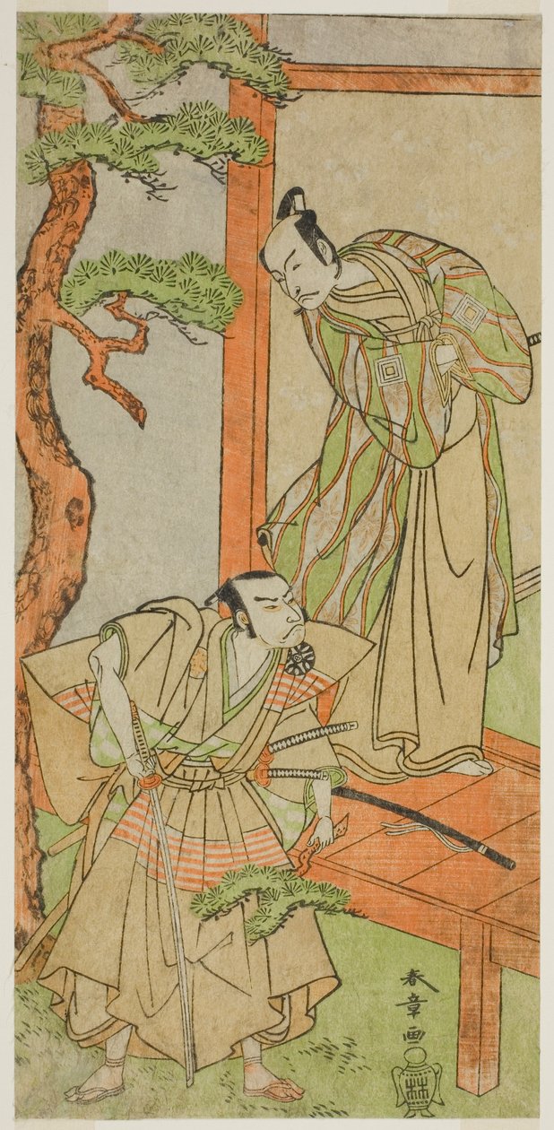 Näyttelijät Ichikawa Danjuro V Momonoi Wakasanosuke (oikealla) ja Nakamura Nakazo I Kakogawa Honzona (vasemmalla) näytelmässä Kanadehon Chushingura, joka esitettiin Nakamura-teatterissa viidennessä kuussa, 1771 tekijältä Katsukawa Shunsho