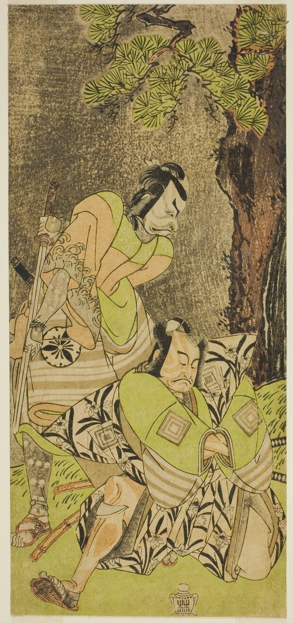 Näyttelijät Ichikawa Danzo III I no Hayata Tadazumina (oikealla) ja Matsumoto Koshiro II Osada no Taro Kagemunena (vasemmalla), näytelmässä Nue no Mori Ichiyo no Mato, esitettiin Nakamura-teatterissa yhdestoista kuukaudessa, 1770 tekijältä Katsukawa Shunsho