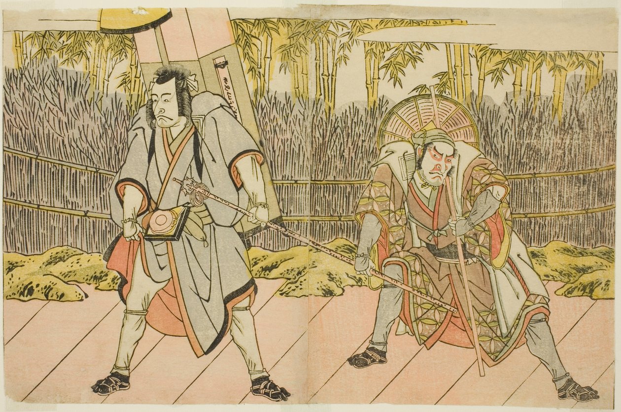 Näyttelijät Ichikawa Danzo IV Arakawa Taro Takesadana naamioitunut Palanquin Bearer Tarobeiksi (oikealla) ja Ichikawa Danjuro V Abe no Sadatona naamioitunut pyhiinvaeltajaksi Kuriyagawa Jirodayu (vasemmalla), näytelmässä Godai Genji Mitsugi no Furisode, Es tekijältä Katsukawa Shunsho