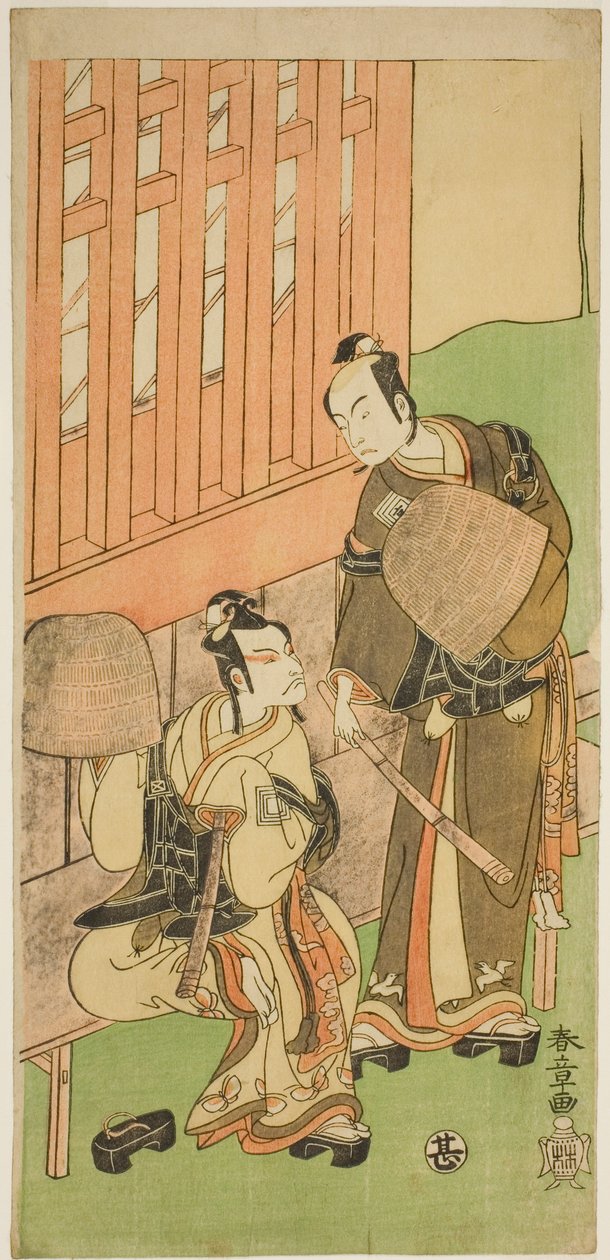 Els actors Ichikawa Komazo II com Soga no Juro Sukenari (dreta), i Ichikawa Danjuro V com Soga no Goro Tokimune (esquerra), amb Komuso Attires, a l