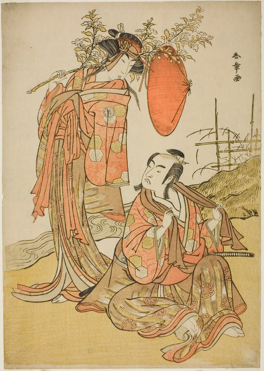 Näyttelijät Ichikawa Monnosuke II ja Segawa Kikunojo III rakastajina Seijuroa (oikealla) ja Onatsua (vasemmalla), Karastuskohtauksessa "Michiyuki Hiyoku no Kiku-cho" (An Elopemet: Chrysanthemum-and-Butterfly Lovebirds), tanssin välikappale elokuvasta Osa k tekijältä Katsukawa Shunsho