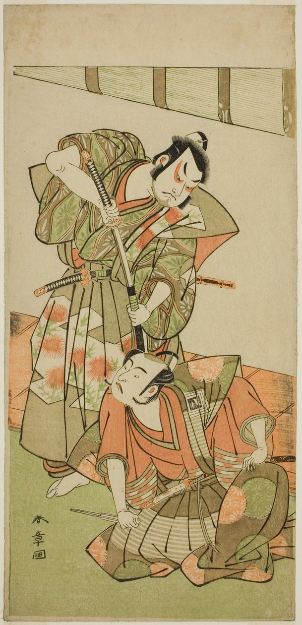 Näyttelijät Ichikawa Yaozo II Konoshita Hyokichina (?) (oikealla) ja Sakata Hangoro II Matsunaga Daizen Hisahidena (?) (vasemmalla), näytelmässä Gion Sairei Shinko Ki (?), esitetään Ichimura-teatterissa (?) vuonna viides kuukausi, 1775 (?) tekijältä Katsukawa Shunsho