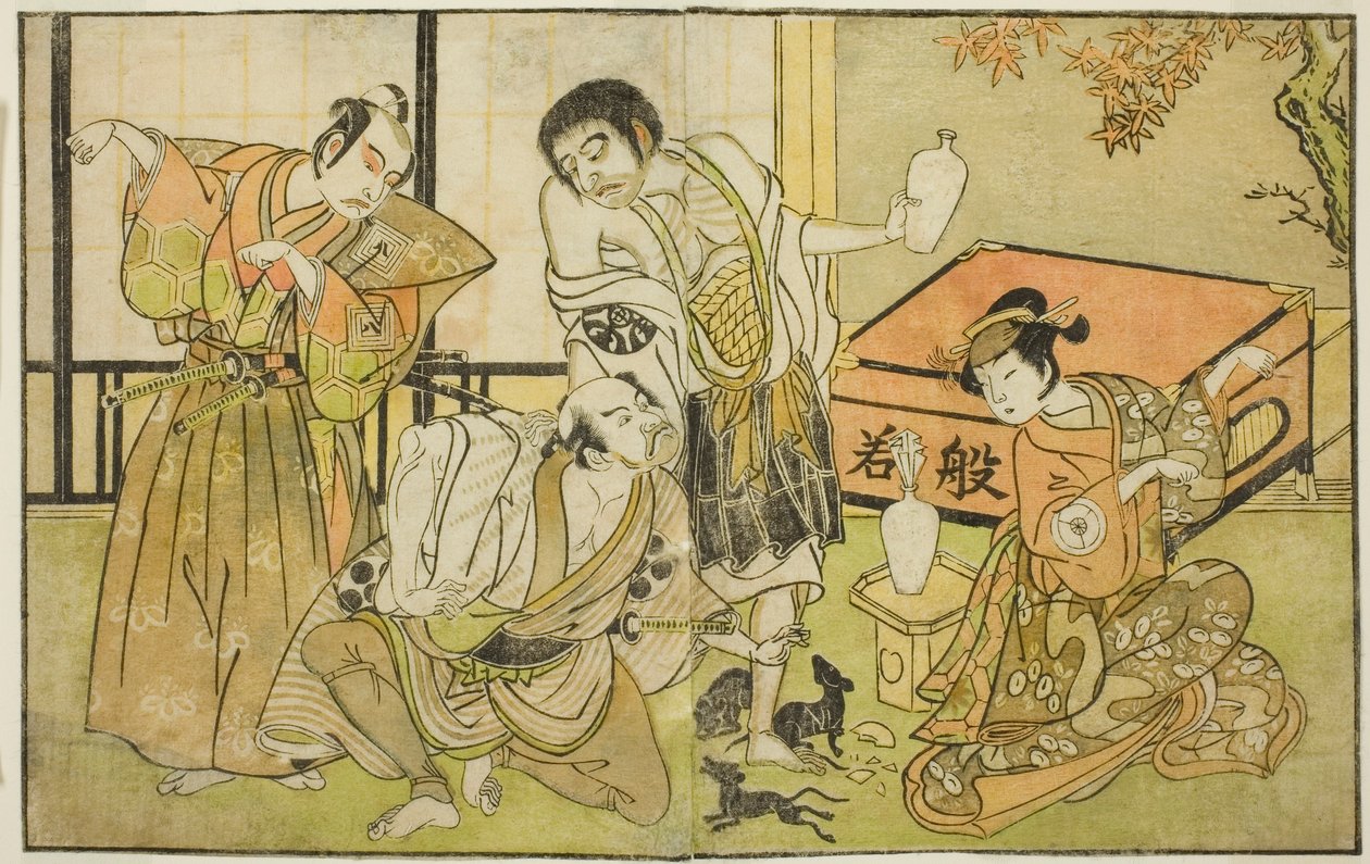 Näyttelijät Iwai Hanshiro IV Otatsu-gitsuneena, Nakamura Nakazo I Raigo Ajarina, Sakata Tojuro III Kamada Gon-no-kami Masayorina ja Ichikawa Yaozo II Sakon-gitsunea (oikealta vasemmalle), näytelmässä "Nue no Mori" Ichiyo no Mato", esiintyi Nakamura T tekijältä Katsukawa Shunsho