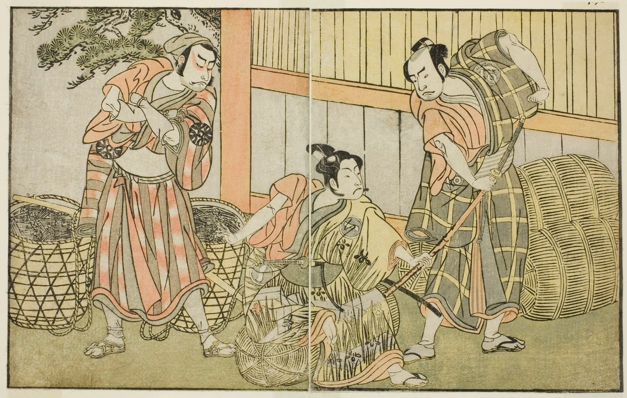 Näyttelijät Kasaya Matakuro II Hagun Tarona (oikealla), Ichikawa Monnosuke II Izutsu no Suke Narihirana (keskellä) ja Nakamura Nakazo I Kose no Kanaokana Naamioitunut Sogoroksi hiilentekijäksi näytelmässä Kuni no Hana Ono no Itsumoji, esitetty. Nakassa tekijältä Katsukawa Shunsho