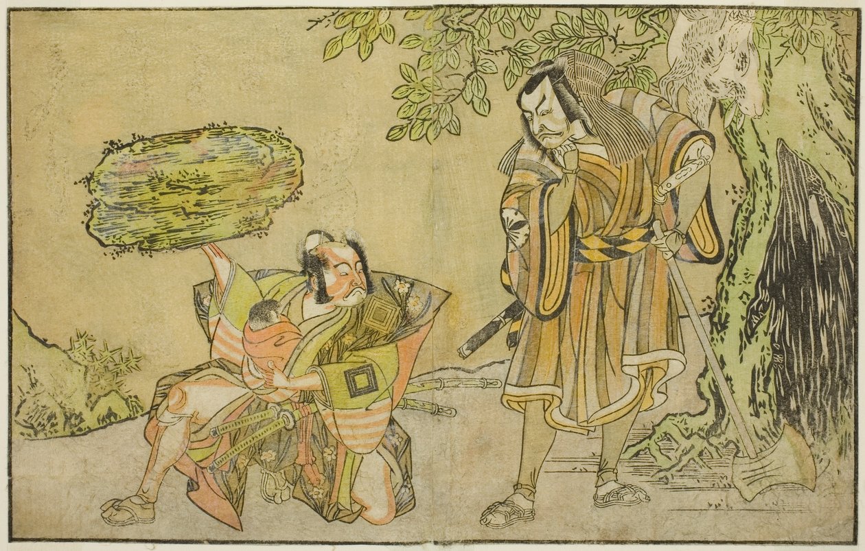 Näyttelijät Matsumoto Koshiro II Osada no Taro Kagemunena Puunhakkaajaksi naamioitunut Gankutsu no Gorozo (oikealla) ja Ichikawa Danzo III I no Hayata Tadazumina (vasemmalla), näytelmässä Nue no Mori Ichiyo no Mato, esitettiin Nakamura-teatterissa vuonna y tekijältä Katsukawa Shunsho
