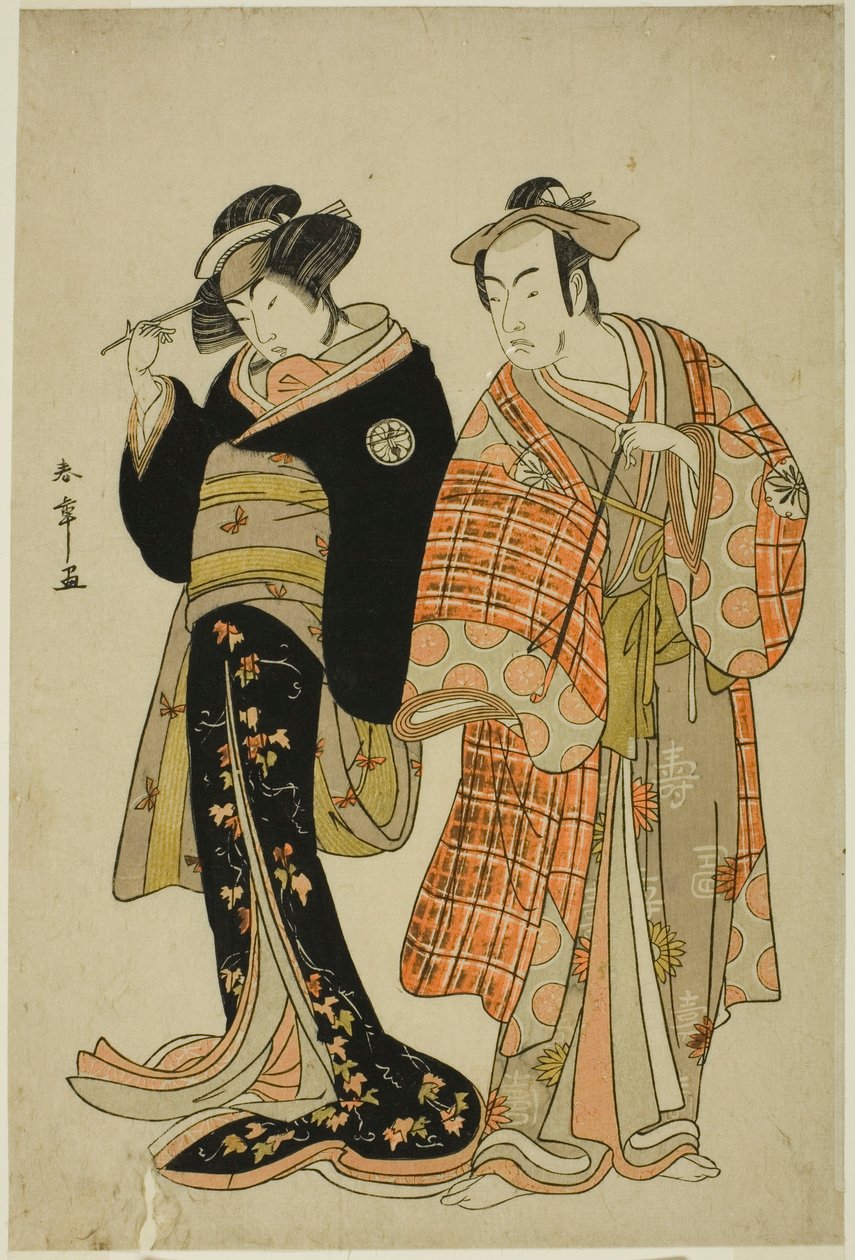 Näyttelijät Matsumoto Koshiro IV ja Segawa Kikunojo III Lovers Choemonina (oikealla) ja Ohanina (vasemmalla), Karastuskohtauksessa "Michiyuki Segawa no Adanami" (An Opetus: Petolliset aallot matalassa joessa), tanssin välikappale toisesta osasta näytelmäst tekijältä Katsukawa Shunsho