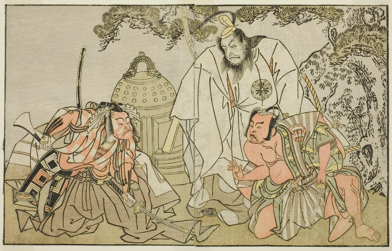 Näyttelijät Nakajima Mihoemon II Aramaki Mimishirona (oikealla), Matsumoto Koshiro II Otomo no Yamanushina (keskellä) ja Ichikawa Danzo III Hannya no Gorona (vasemmalla), näytelmässä Kuni no Hana Ono no Itsumoji, esitettiin Nakamura-teatterissa. yhdestoist tekijältä Katsukawa Shunsho