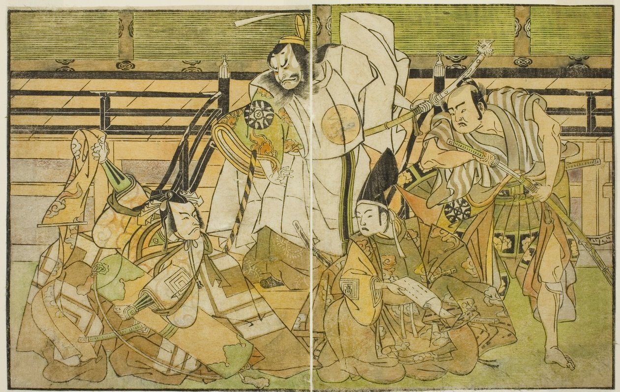Näyttelijät Nakamura Denkuro II Seno-o Tarona, Ichikawa Komazo II Yorimasana, Nakamura Nakazo I Taira no Kiyomorina ja Ichikawa Danjuro V Kiou Takiguchina (oikealta vasemmalle), näytelmässä Nue no Mori Ichiyo no Mato, Esitetty klo. Nakamura-teatterissa tekijältä Katsukawa Shunsho
