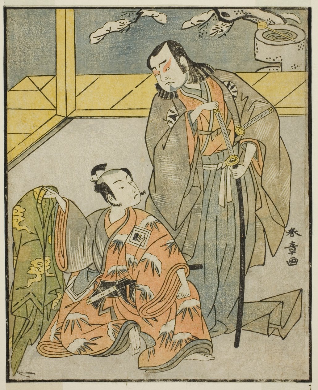 Näyttelijät Nakamura Denkuro II Suma no Dairyona (oikealla) ja Ichikawa Komazo II Ariwara no Yukihirana (vasemmalla), näytelmässä Kuni no Hana Ono no Itsumoji, esitettiin Nakamura-teatterissa yhdestoista kuukaudessa, 1771 tekijältä Katsukawa Shunsho