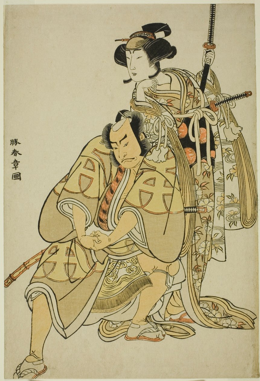 Näyttelijät Nakamura Nakazo I kuin Hata Rokurozaemon naamioituneena samurain palvelijaksi (Yakko) Igaguri Hanehei (vasemmalla) ja Nakamura Noshio I kuin odottava nainen Koto no Naishi (oikealla), tanssisekvenssissä "Sodegasa Momiji no Tekuda" (Sateenvarjoh tekijältä Katsukawa Shunsho