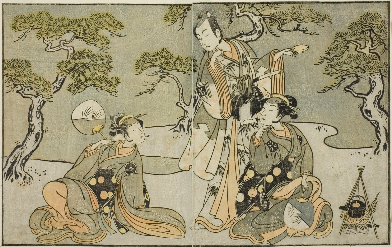 Näyttelijät Nakamura Nakazo I Matsukazena (oikealla), Ichikawa Komazo II Ariwara no Yukihirana (keskellä) ja Iwai Hanshiro IV Murasamena (vasemmalla), näytelmässä Kuni no Hana Ono no Itsumoji, esitettiin Nakamura-teatterissa 11. Kuukausi, 1771 tekijältä Katsukawa Shunsho