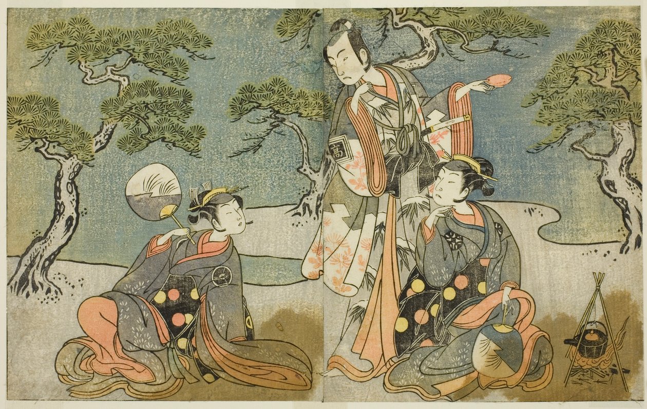 Näyttelijät Nakamura Nakazo I Matsukazena (oikealla), Ichikawa Komazo II Ariwara no Yukihirana (keskellä) ja Iwai Hanshiro IV Murasamena (vasemmalla), näytelmässä Kuni no Hana Ono no Itsumoji, esitettiin Nakamura-teatterissa 11. Kuukausi, 1771 tekijältä Katsukawa Shunsho