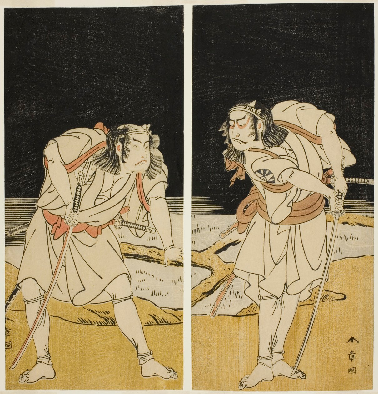 Näyttelijät Nakamura Nakazo I Omi no Kotodana (oikealla) ja Otani Hiroji III Bamba no Chudana (vasemmalla), Joruri "Sono Chidori Yowa no Kamisuki" (The Plovers: Combing Hair at Midnight), toisesta osasta. Pelaa O-atsurae-zome Soga no Hinagata (A Soga P tekijältä Katsukawa Shunsho