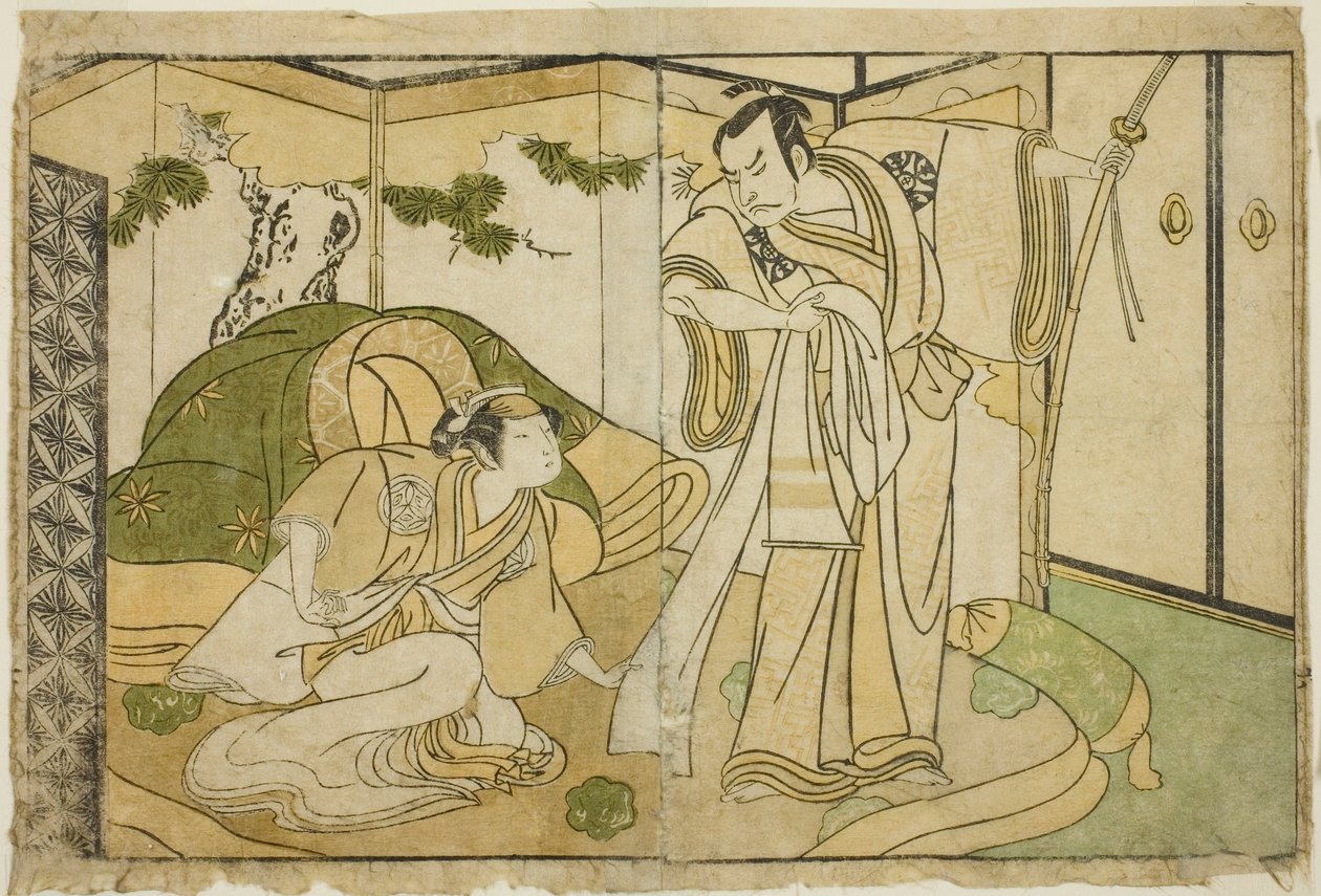 Näyttelijät Nakamura Nakazo I Taira no Kiyomorina (oikealla) ja Yamashita Kinsaku II Tokiwa Gozenina (vasemmalla), näytelmässä Nue no Mori Ichiyo no Mato, esitettiin Nakamura-teatterissa yhdestoista kuukaudessa, 1770 tekijältä Katsukawa Shunsho