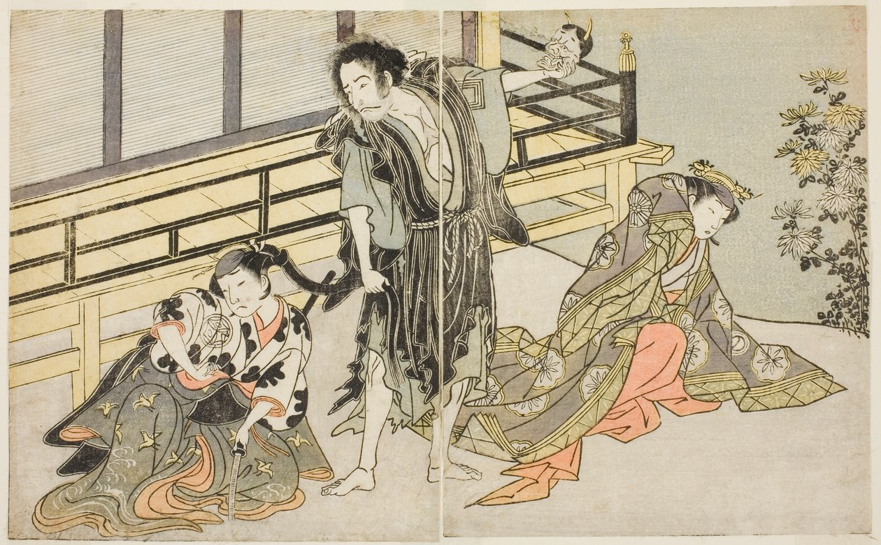 Näyttelijät Nakamura Noshio I Nyosan no Miyana (oikealla), Ichikawa Danjuro V Renegade-munkki Yochinina (keskellä) ja Yamashita Kinsaku II Maid Mutsuhanana (vasemmalla), näytelmässä Fuki Kaete Tsukimo Yoshiwara, joka esitetään Morita-teatterissa. yhdestois tekijältä Katsukawa Shunsho