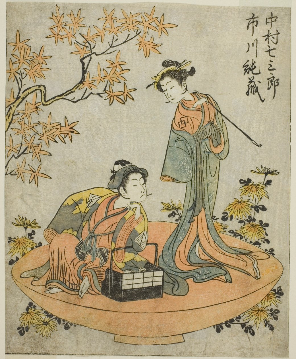 Näyttelijät Nakamura Shichisaburo III (oikealla) ja Ichikawa Junzo I (vasemmalla), näytelmässä Nue no Mori Ichiyo no Mato, esitettiin Nakamura-teatterissa yhdestoista kuukaudessa, 1770 tekijältä Katsukawa Shunsho