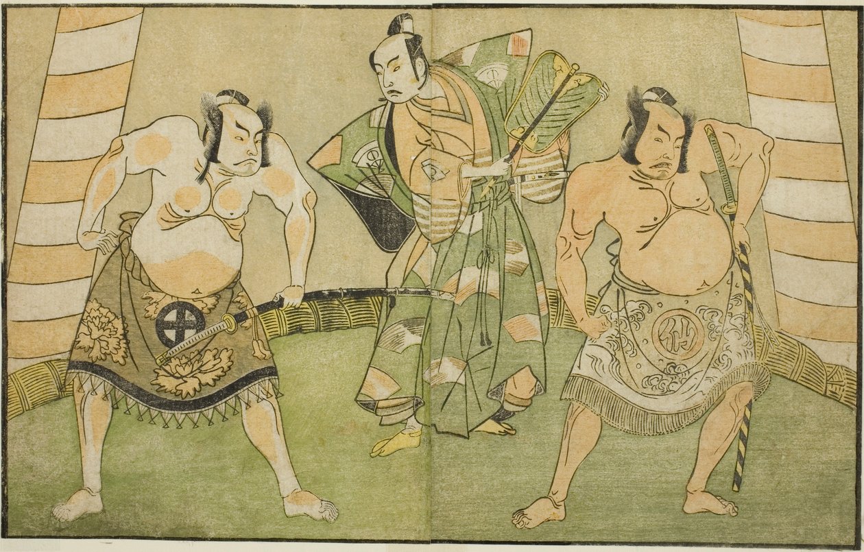 Näyttelijät Nakamura Sukegoro II Matano no Gorona (oikealla), Onoe Kikugoro I Soga no Tarona (keskellä) ja Otani Hiroji III Kawazu no Saburona (vasemmalla), näytelmässä Myoto-giku Izu no Kisewata, esitettiin Ichimurassa. Teatteri yhdestoista kuukaudessa, 1 tekijältä Katsukawa Shunsho