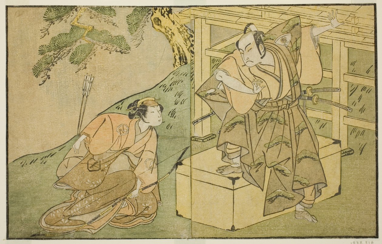 Näyttelijät Onoe Matsusuke I Akaboshi Tarona (oikealla) ja Azuma Tozo II Shirotaena (vasemmalla), näytelmässä Kono Hana Yotsugi no Hachi no Ki, esitettiin Ichimura-teatterissa yhdestoista kuukaudessa, 1771 tekijältä Katsukawa Shunsho