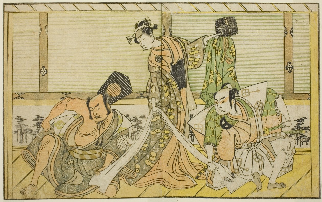 Näyttelijät Otani Hiroji III Kawazu no Saburona (oikealla), Segawa Kikunojo II Prinsessa Tatsuna (Tatsu Hime) (keskellä) ja Nakamura Sukegoro II Matano no Gorona (vasemmalla), näytelmässä Myoto-giku Izu no Kisewata, Esitetty Ichimura-teatterissa Eleventiss tekijältä Katsukawa Shunsho