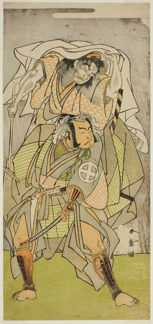 Näyttelijät Otani Hiroji III Koga Saburona ja Ichimura Uzaemon IX Kogakeyaman paholaisena, Wakasa no Zenji Yasumuran henki näytelmässä Kono Hana Yotsugi no Hachi no Ki, esitettiin Ichimura-teatterissa yhdestoista kuukaudessa, 1771 tekijältä Katsukawa Shunsho
