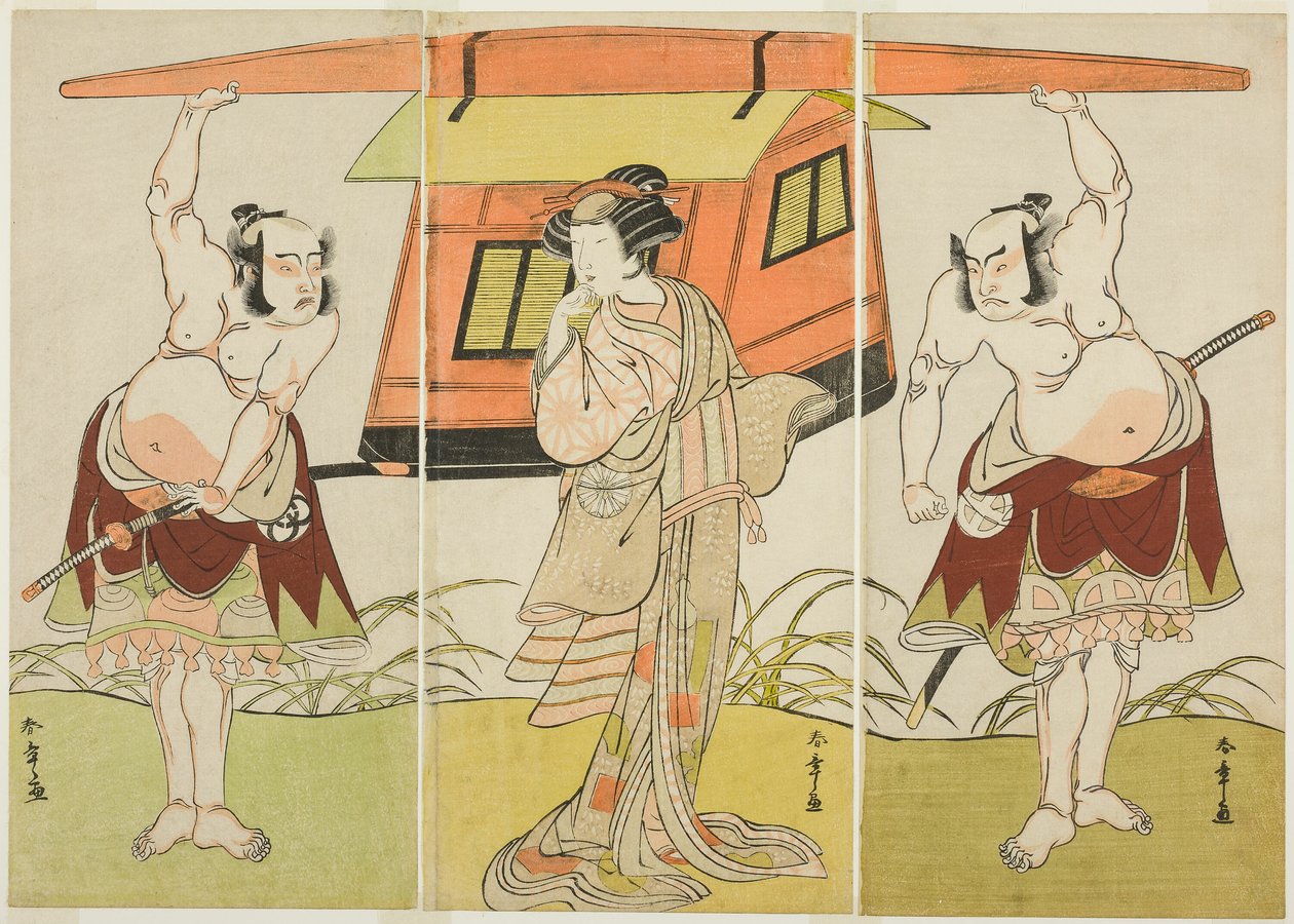 Näyttelijät Otani Hiroji III Yokambeina (oikealla), Nakamura Tomijuro I Kuzunohana (keskellä) ja Bando Mitsugoro I Yakambeina (vasemmalla) näytelmän Shinodazuma (Vaimo Shinoda Forestista) viimeisessä kohtauksessa täydennyksenä Play Kikyo-zomiin tekijältä Katsukawa Shunsho