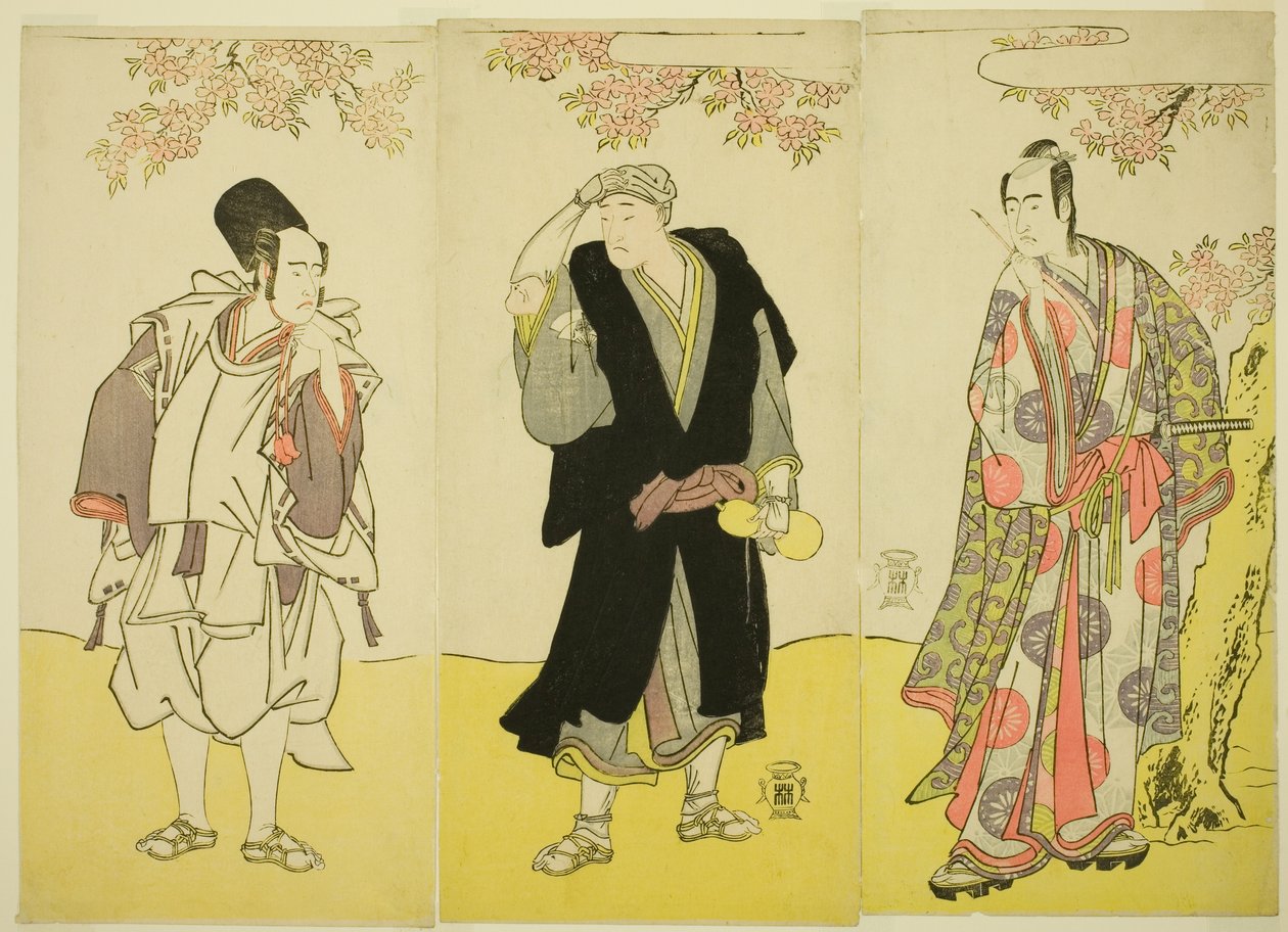 Näyttelijät Sawamura Sojuro III Kusunoki Tatewaki Masatsurana (oikealla), Onoe Matsusuke I munkki Sahei Bozuna (keskellä) ja Ichikawa Yaozo III prinssin palvelijana Kusunoki Uraminosukena (vasemmalla) näytelmässä Kumoi no Hana Yoshino no Wakamusha, joka es tekijältä Katsukawa Shunsho