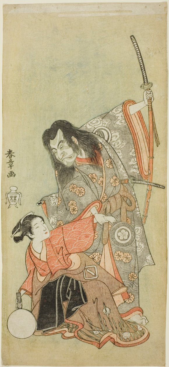 Näyttelijät Sawamura Sojuro II pappina Shunkanina ja Azuma Tozo II Oyasuna näytelmässä "Hime Komatsu Ne no Hi Asobi (retkellä poimimaan männyn taimia uuden vuoden rottapäivänä)" tekijältä Katsukawa Shunsho
