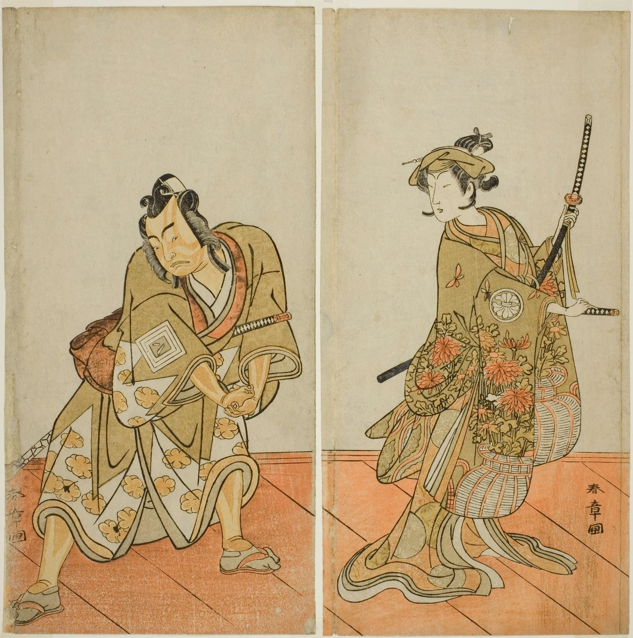 The Actors Segawa Kikunojo III as Aigo no Waka (right), and Ichikawa Yaozo II as Hachio-maru Aratora (left), in the Play Chigo Sakura Jusan Kane, Performed at the Ichimura Theater in the Eleventh Month, 1774 tekijältä Katsukawa Shunsho