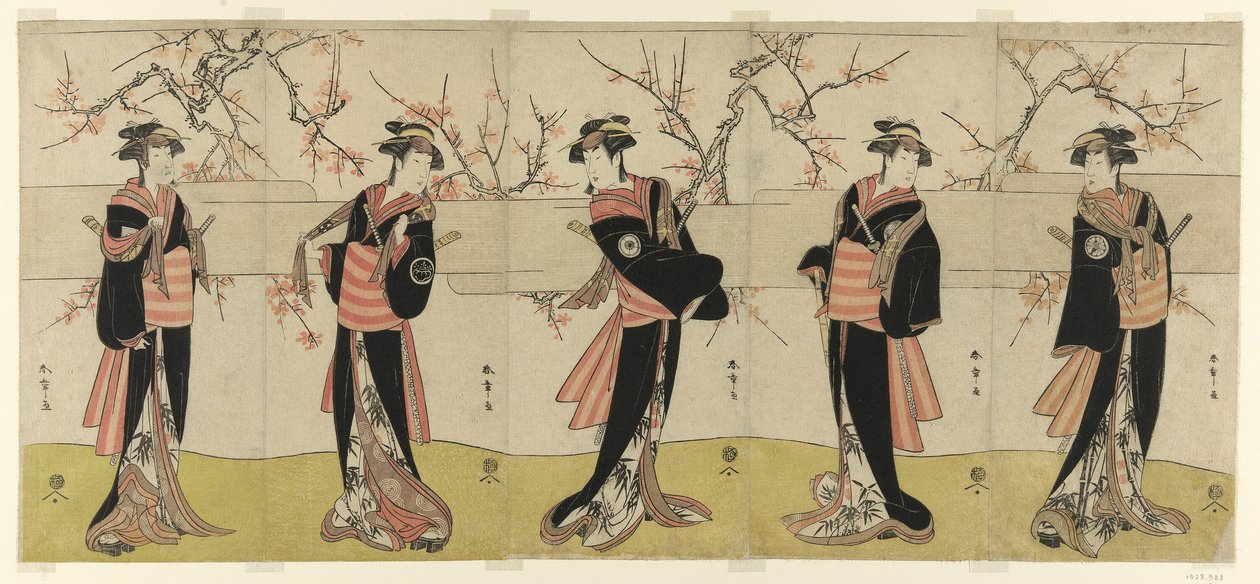 Näyttelijät Segawa Kikunojo III Karigane Obunina, Nakayama Tomisaburo I An no Oyasuna, Iwai Kiyotaro II Kaminari no Oshana, Nakayama Tatezo I Gokuin no Osenina ja Ichikawa Monnosuke II Hotei no Oichina (oikealta vasemmalle), elokuvassa "Gonin" Onna", kohta tekijältä Katsukawa Shunsho