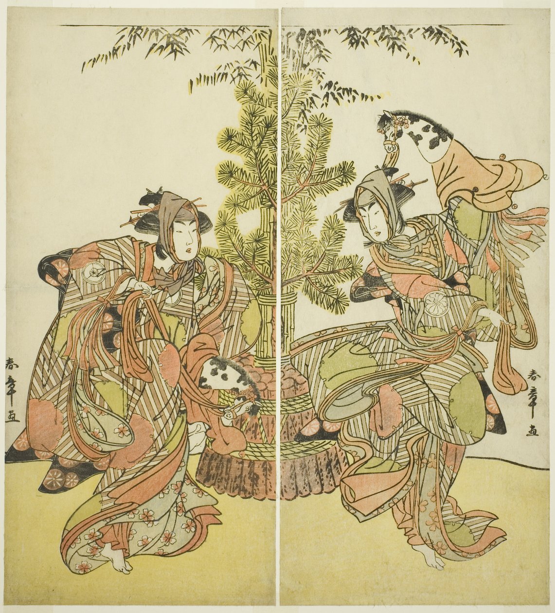 Näyttelijät Segawa Kikunojo III Yasukatana (oikealla) ja Iwai Hanshiro IV Utouna (vasemmalla) näytelmässä Godai Genji Mitsugi no Furisode, joka esitettiin Nakamura-teatterissa yhdestoista kuukaudessa, 1782 tekijältä Katsukawa Shunsho