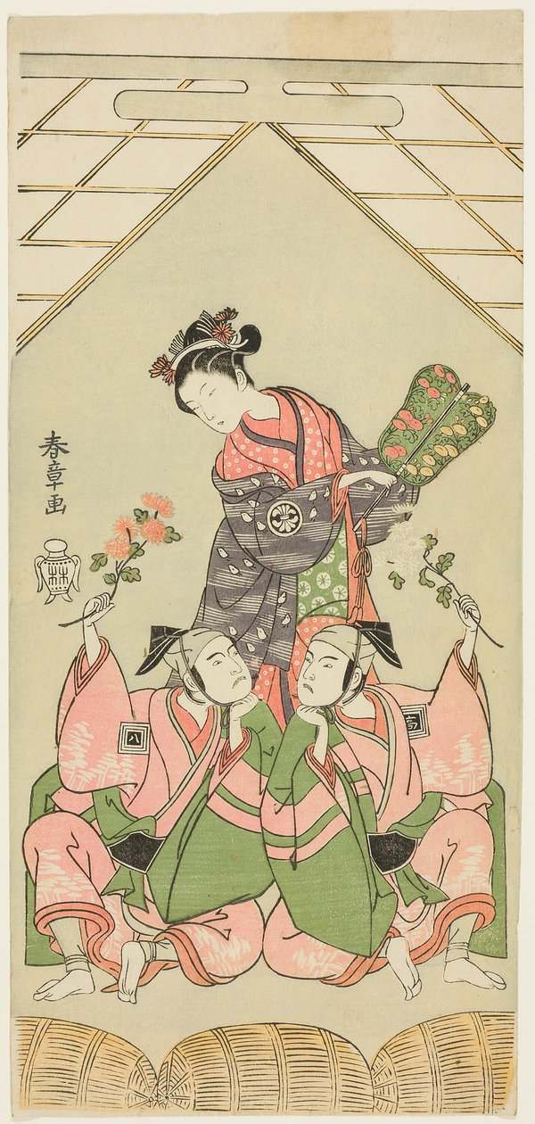 Näyttelijät Segawa Kikunojo II: Märkähoitaja Reizei, Ichikawa Komazo I Suruga no Hachirona Shamisen-soittimen Kichirokun varjossa (oikealla) ja Ichikawa Yaozo II Tada no Kurandona Palanquin Bearer Kichinain varjossa (vasemmalla). kohtauksessa tekijältä Katsukawa Shunsho