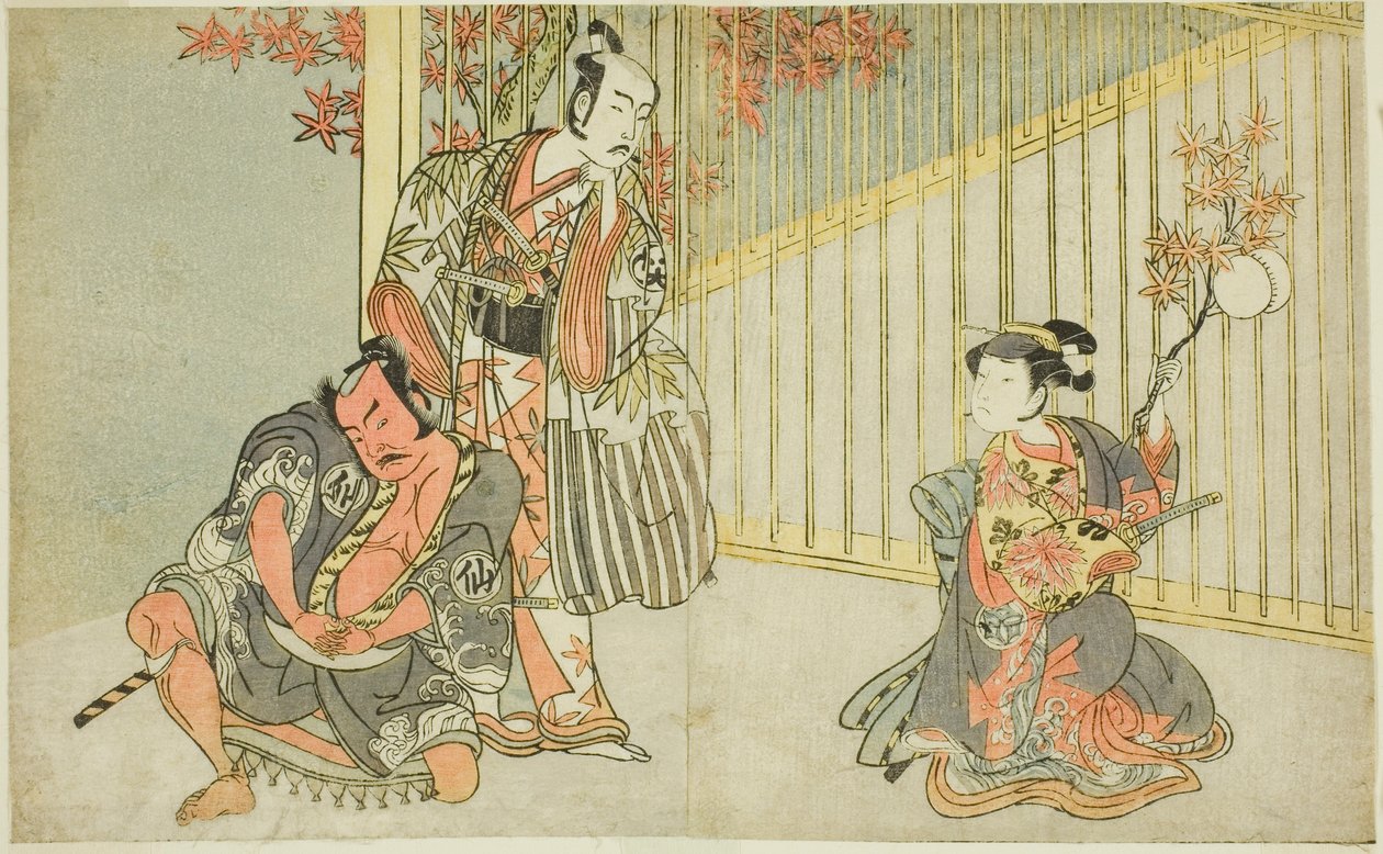 Näyttelijät Yamashita Kinsaku II Mutsuhanana (oikealla), Bando Mitsugoro I Kashiwagi no Emonina (keskellä) ja Nakamura Sukegoro II Akamatsu Mushanosukena (vasemmalla), näytelmässä Fuki Kaete Tsukimo Yoshiwara (Rethatched Roof: The Moon also Shines Over) Yo tekijältä Katsukawa Shunsho