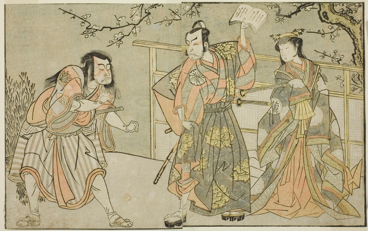 Näyttelijät Yamashita Yaozo I Ono no Komachina (oikealla), Matsumoto Koshiro II Godai Saburona (keskellä) ja Ichikawa Danzo III Otomo no Kuronushina (vasemmalla) näytelmässä "Kuni no Hana Ono no Itsumoji" esitettiin Nakamura-teatteri yhdestoista kuukaudess tekijältä Katsukawa Shunsho