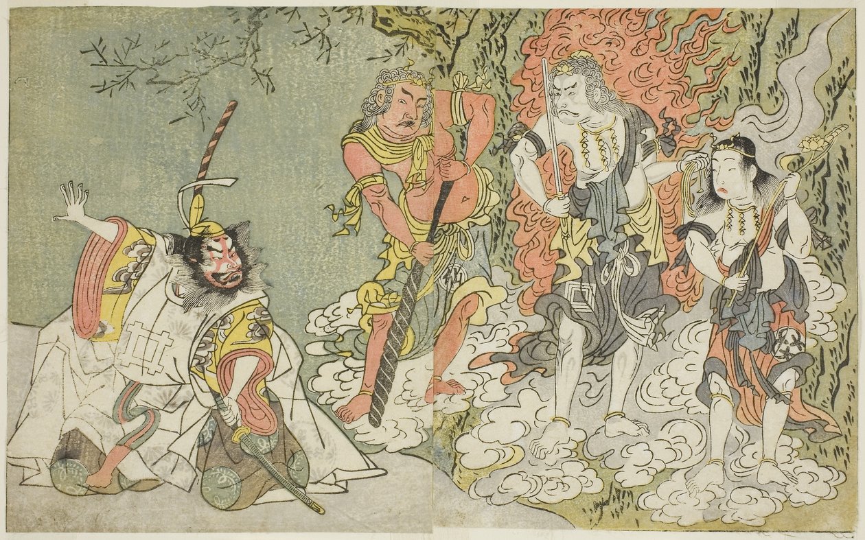 Näytelmä Fuki Kaete Tsuki mo Yoshiwara (Rethatched Roof: The Moon also Shines Over the Yoshiwara Pleasure District), esitetty Morita-teatterissa yhdentenätoista kuukautena, n. 1771-72 (puupiirros) (puupiirros) tekijältä Katsukawa Shunsho