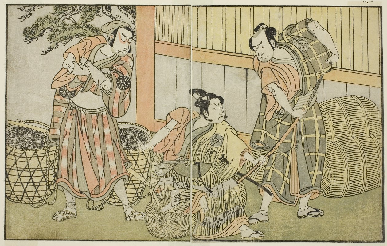 Näytelmä Kuni no Hana Ono no Itsumoji, esitetty Nakamura-teatterissa yhdentenätoista kuukautena, n.1772 (puupiirros). tekijältä Katsukawa Shunsho
