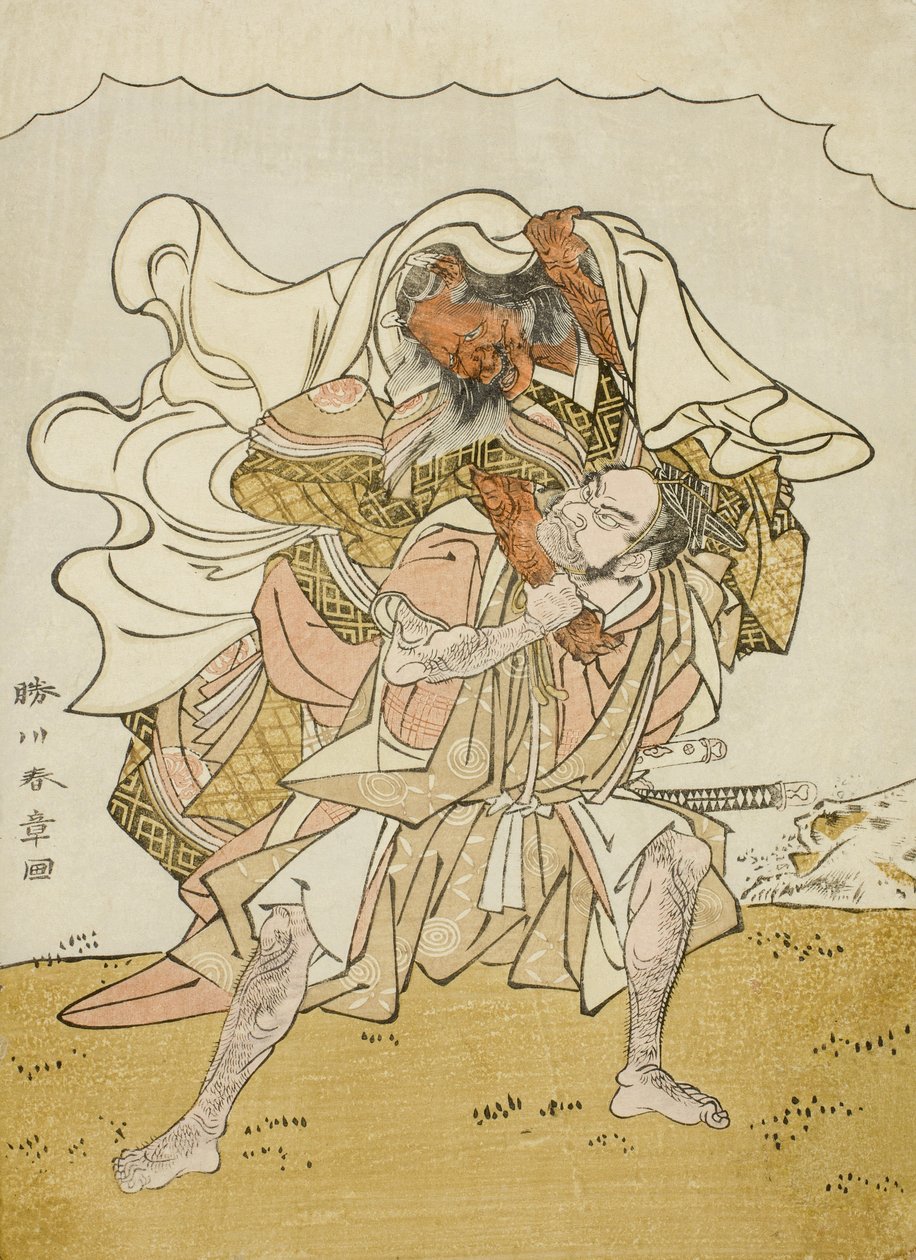 Soturi Omori Hikoshichi kantamassa naisdemonia selässään, n. 1772 (värillinen puupainatus; chuban) tekijältä Katsukawa Shunsho