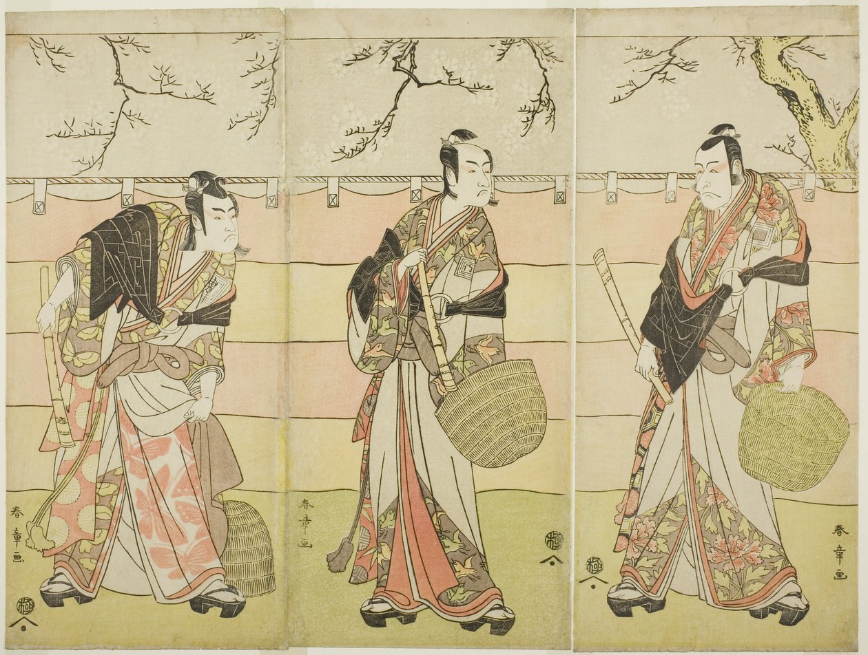 Kolme Komuso-munkkia: Näyttelijät Ichikawa Ebizo (Danjuro V) Kudo Suketsunena (oikealla), Ichikawa Monnosuke II Soga no Juro Sukenarina (keskellä) ja Ichikawa Omezo I Soga no Goro Tokimunena (vasemmalla), näytelmän kuudennessa näytöksessä Waka Murasaki Edo tekijältä Katsukawa Shunsho
