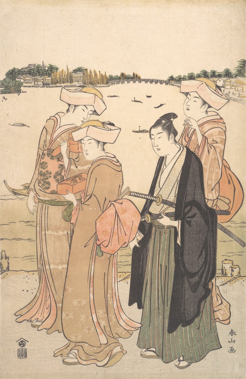 Nuori samurai ja kolme naista, n. 1789. tekijältä Katsukawa Shunzan