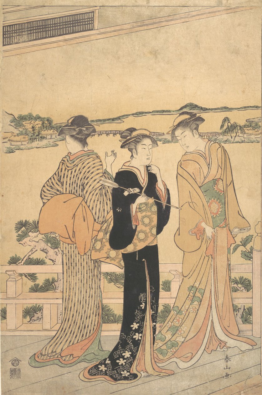 Kolme naista verannalla näköalalla lahdelle, 1800-luvun loppu. tekijältä Katsukawa Shunzan