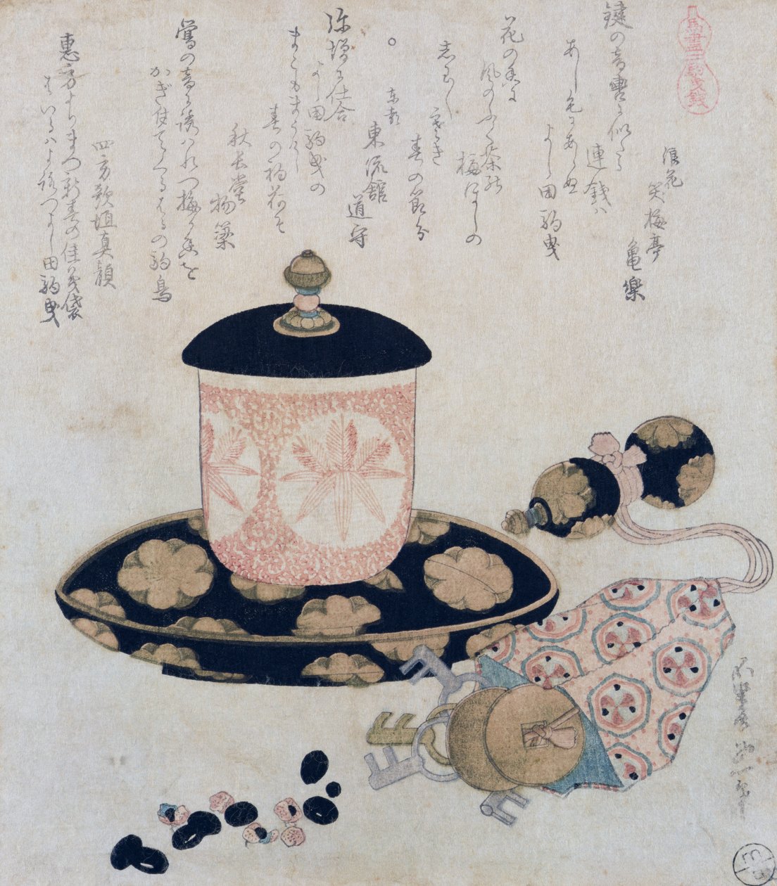 Kannu teetä ja avaimia, 1822 (värillinen puupainatus) tekijältä Katsushika Hokusai