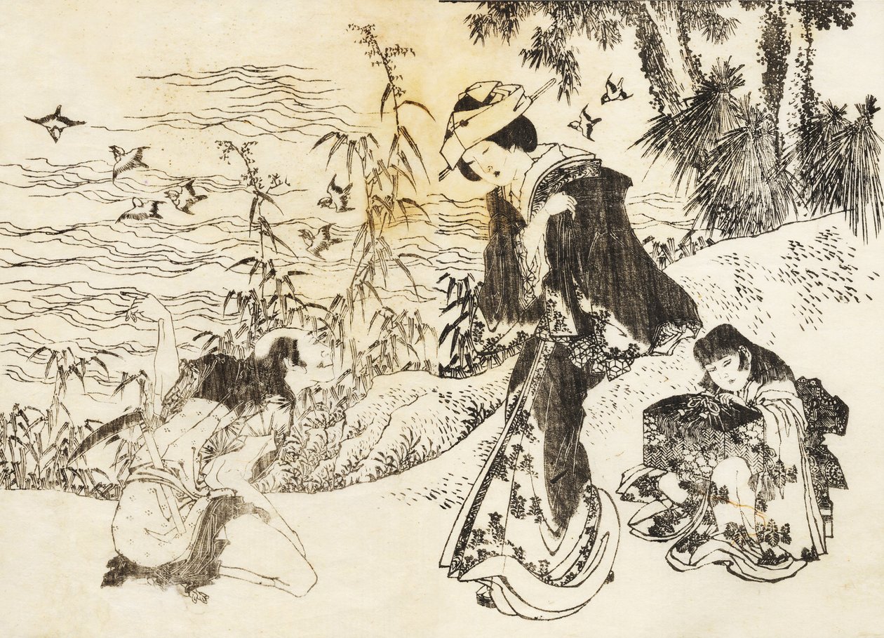 Morsian on matkalla palvelijattarensa kanssa tekijältä Katsushika Hokusai