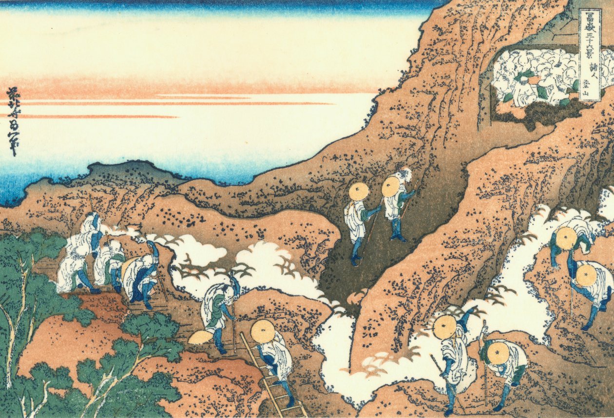 Ryhmä vuorikiipeilijöitä tekijältä Katsushika Hokusai
